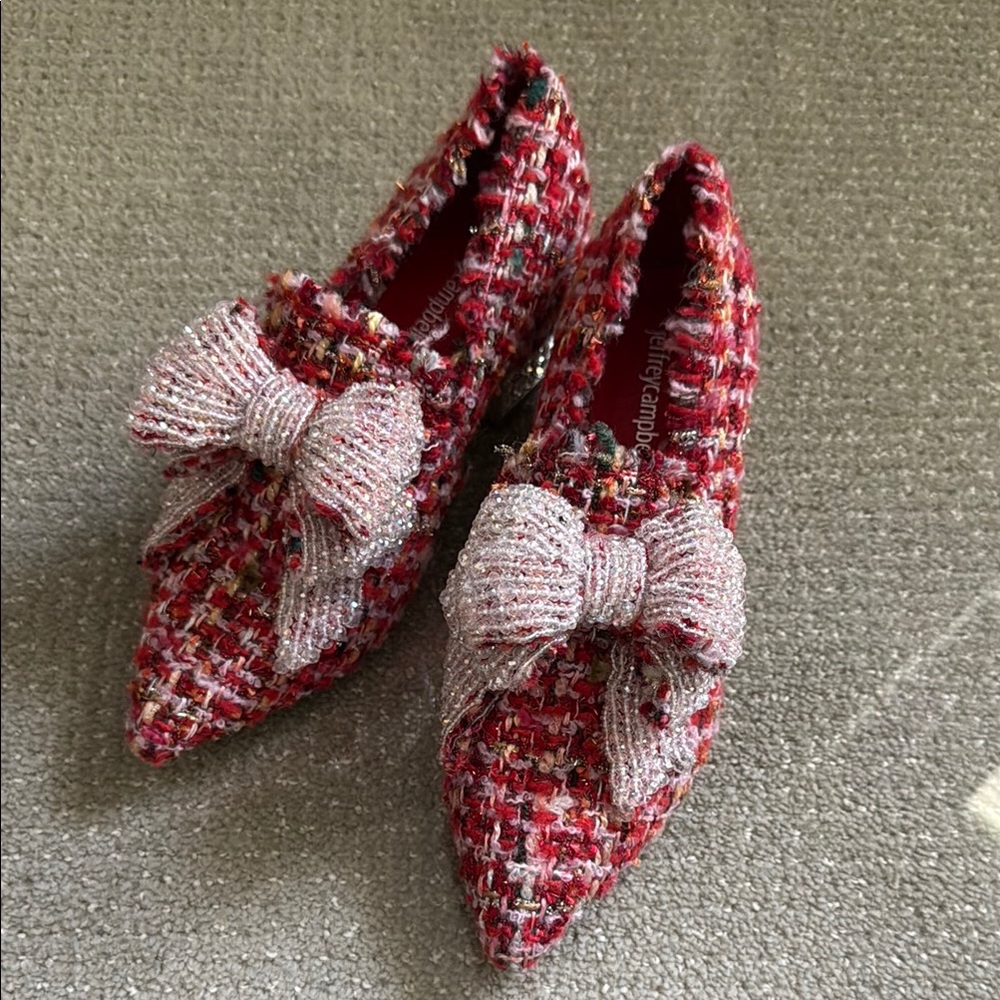 Jeffrey Campbell Red and White Polka Dot Flats with Plush Bows